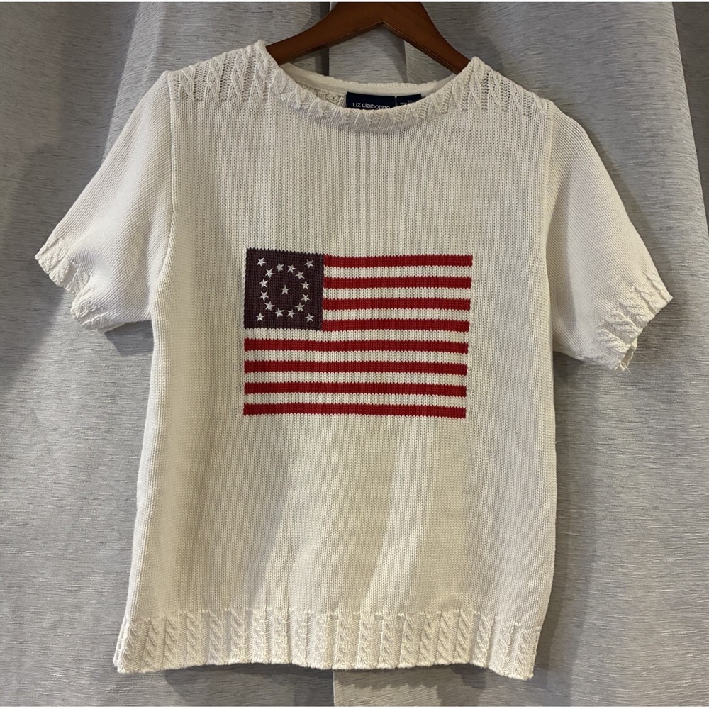 Liz Claiborne USA Flag Knit Short Sleeve Sweater White Y2K Lizsport Womens M